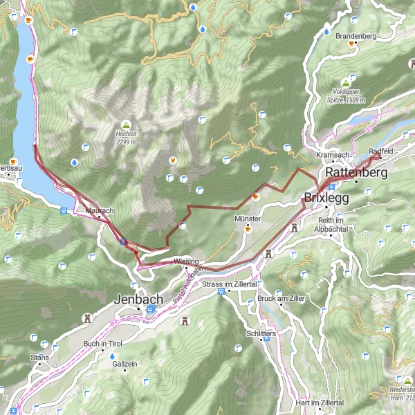 Miniatua del mapa de inspiración ciclista "Ruta por caminos de grava cerca de Radfeld" en Tirol, Austria. Generado por Tarmacs.app planificador de rutas ciclistas