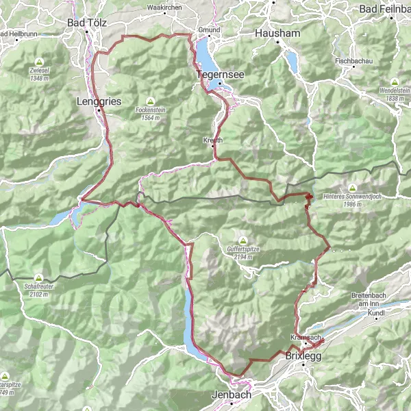 Miniatura della mappa di ispirazione al ciclismo "Il Grande Giro del Lago Achensee" nella regione di Tirol, Austria. Generata da Tarmacs.app, pianificatore di rotte ciclistiche