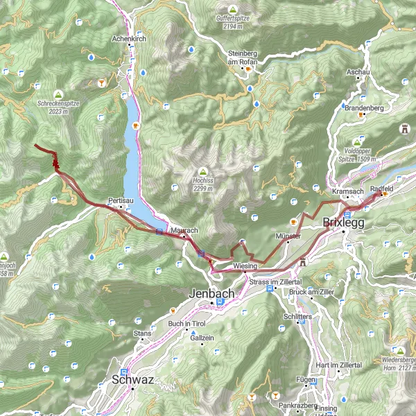 Miniaturní mapa "Horská výzva od Brixleggu do Rattenbergu" inspirace pro cyklisty v oblasti Tirol, Austria. Vytvořeno pomocí plánovače tras Tarmacs.app