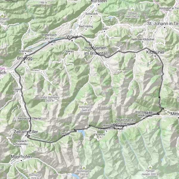 Miniatura mapy "Szlak szosowy Kitzbühel" - trasy rowerowej w Tirol, Austria. Wygenerowane przez planer tras rowerowych Tarmacs.app