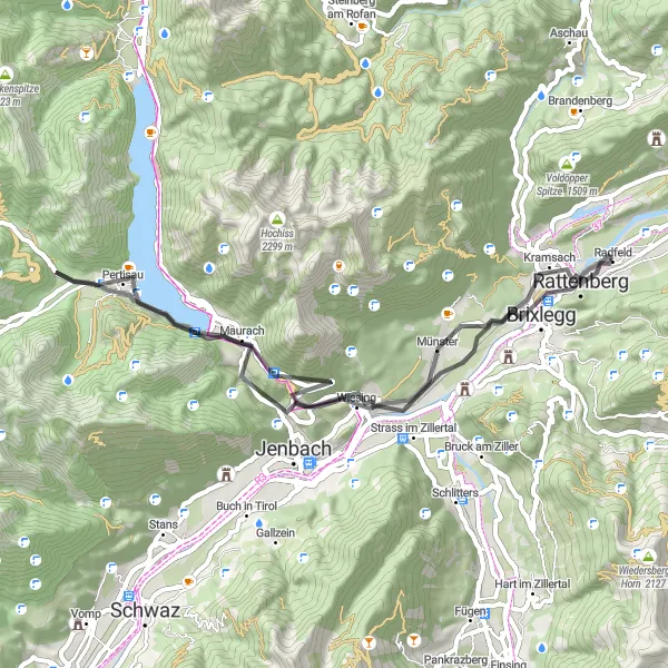 Miniatua del mapa de inspiración ciclista "Ruta de Carretera de Radfeld a Kramsach" en Tirol, Austria. Generado por Tarmacs.app planificador de rutas ciclistas