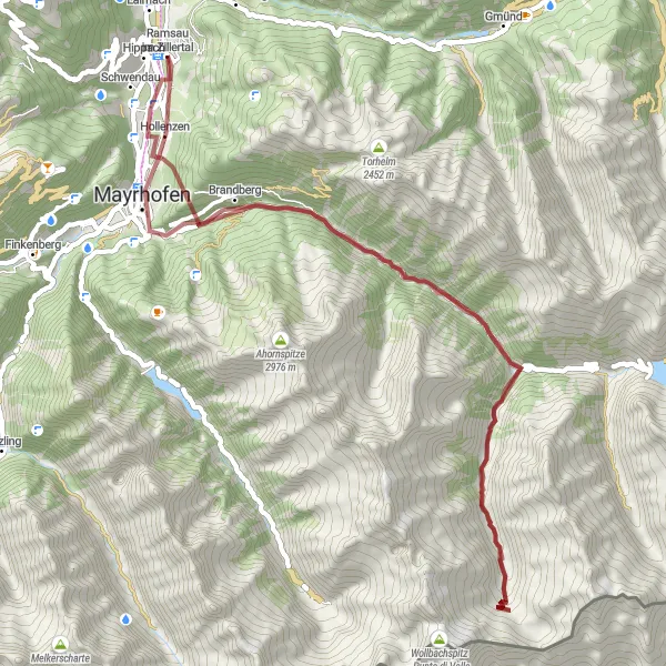 Miniatura della mappa di ispirazione al ciclismo "La Grande Avventura di Mayrhofen" nella regione di Tirol, Austria. Generata da Tarmacs.app, pianificatore di rotte ciclistiche