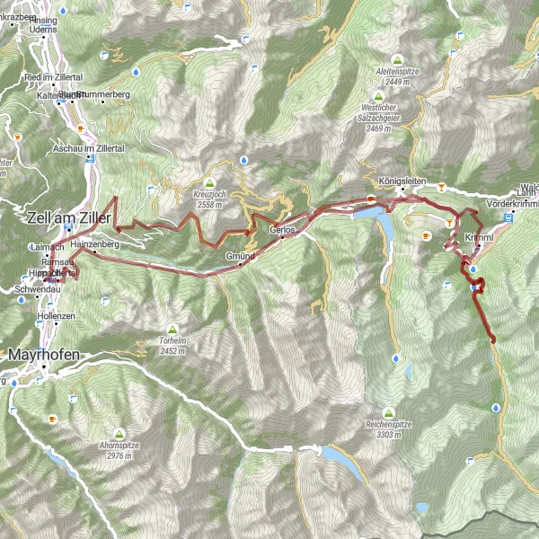 Map miniature of "Ramsau - Zell am Ziller - Karspitz - Königsleiten - Krimml Waterfalls - Staubige Reib - Krimml - Gerlospass - Hainzenberg" cycling inspiration in Tirol, Austria. Generated by Tarmacs.app cycling route planner