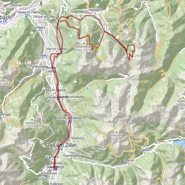 Miniatura della mappa di ispirazione al ciclismo "Giro in bici Gravel da Ramsau im Zillertal" nella regione di Tirol, Austria. Generata da Tarmacs.app, pianificatore di rotte ciclistiche