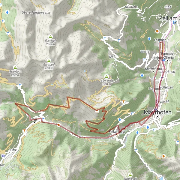 Karttaminiaatyyri "Jännittävä Ramsau im Zillertalin haasteellinen polku" pyöräilyinspiraatiosta alueella Tirol, Austria. Luotu Tarmacs.app pyöräilyreittisuunnittelijalla