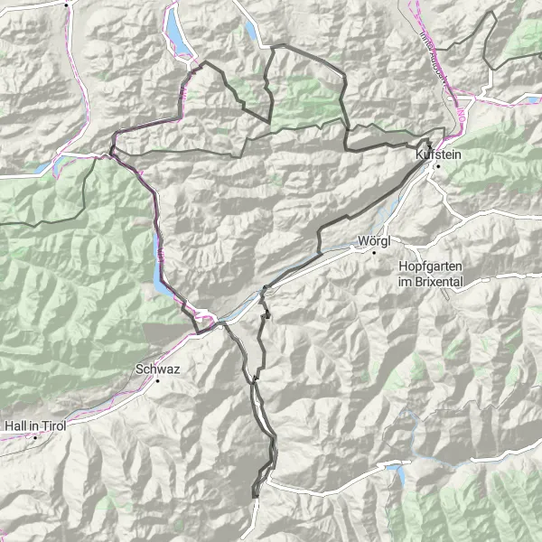 Miniatua del mapa de inspiración ciclista "Gran Ruta de Ciclismo de Carretera Uderns - Bayrischzell - Ramsau" en Tirol, Austria. Generado por Tarmacs.app planificador de rutas ciclistas