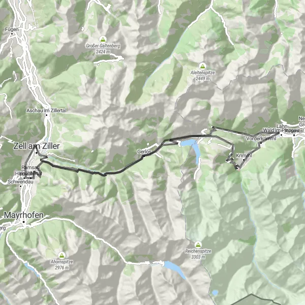 Miniatura della mappa di ispirazione al ciclismo "Avventura tra montagne e cascate" nella regione di Tirol, Austria. Generata da Tarmacs.app, pianificatore di rotte ciclistiche