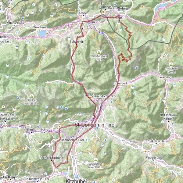 Miniatura della mappa di ispirazione al ciclismo "Tour in bicicletta da Reith bei Kitzbühel - Sentieri selvaggi di Reitberg" nella regione di Tirol, Austria. Generata da Tarmacs.app, pianificatore di rotte ciclistiche