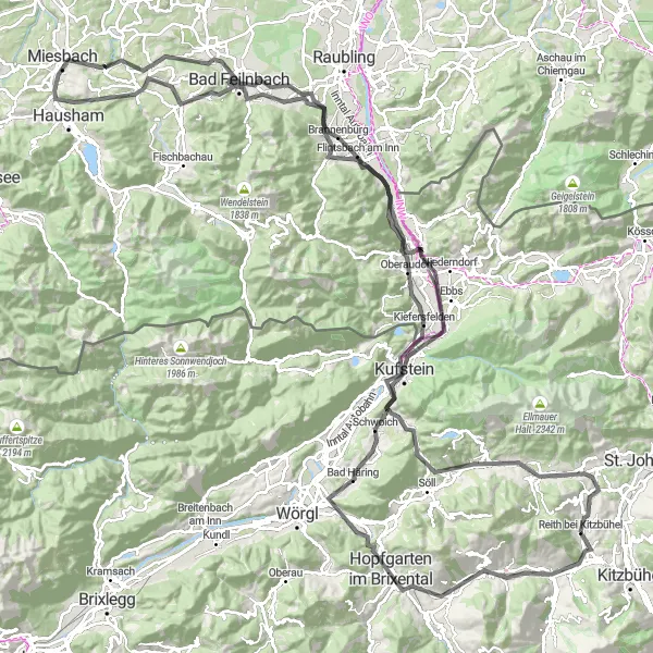 Zemljevid v pomanjšavi "Dolga vožnja skozi Tirol in Salzkammergut" kolesarske inspiracije v Tirol, Austria. Generirano z načrtovalcem kolesarskih poti Tarmacs.app