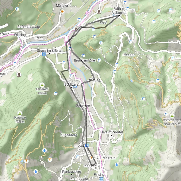 Mapa miniatúra "Road Reither Kogel Route" cyklistická inšpirácia v Tirol, Austria. Vygenerované cyklistickým plánovačom trás Tarmacs.app