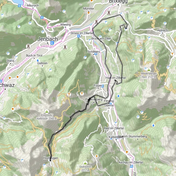 Map miniature of "Zillertal Road Loop" cycling inspiration in Tirol, Austria. Generated by Tarmacs.app cycling route planner