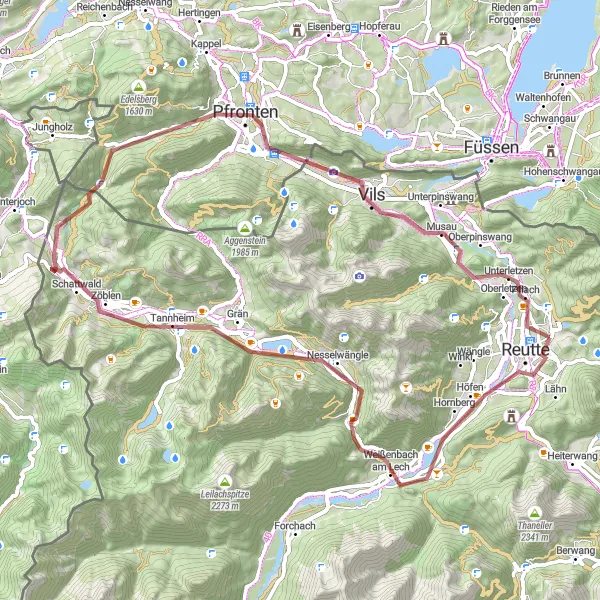 Miniatura della mappa di ispirazione al ciclismo "Giro in mountain bike Reutte - Pfronten" nella regione di Tirol, Austria. Generata da Tarmacs.app, pianificatore di rotte ciclistiche