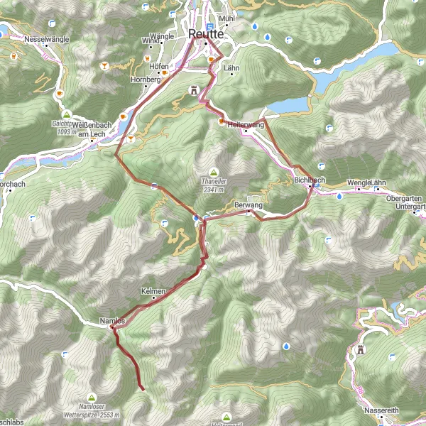 Miniatua del mapa de inspiración ciclista "Ruta de Grava con vistas a Kelmer Spitze y Namlos" en Tirol, Austria. Generado por Tarmacs.app planificador de rutas ciclistas