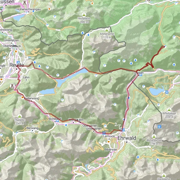 Miniatura della mappa di ispirazione al ciclismo "Percorso in bicicletta su sterrato da Breitenwang a Sintwag" nella regione di Tirol, Austria. Generata da Tarmacs.app, pianificatore di rotte ciclistiche
