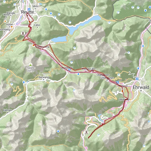 Miniatua del mapa de inspiración ciclista "Ruta de Grava a través de Heiterwang y Biberwier" en Tirol, Austria. Generado por Tarmacs.app planificador de rutas ciclistas
