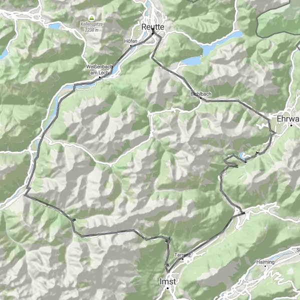 Miniatua del mapa de inspiración ciclista "Ruta de los Valles y Cumbres" en Tirol, Austria. Generado por Tarmacs.app planificador de rutas ciclistas
