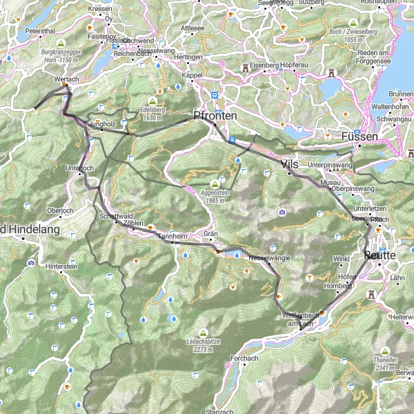 Map miniature of "Weißenbach-Pfronten Adventure" cycling inspiration in Tirol, Austria. Generated by Tarmacs.app cycling route planner