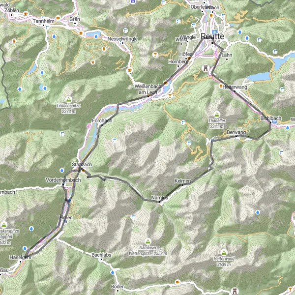 Miniaturní mapa "Silniční trasa kolem Reutte: Lichteköpfle - Bichlbach - Kelmer Spitze - Namlos - Stanzach - Häselgehr - Baichlstein - Ölberg - Weißenbach am Lech - Lechaschau" inspirace pro cyklisty v oblasti Tirol, Austria. Vytvořeno pomocí plánovače tras Tarmacs.app