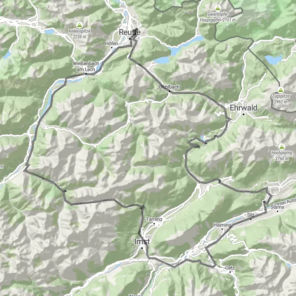 Miniaturní mapa "Silniční okruh kolem Reutte: Heiterwang - Sattel - Zugspitzblick - Nassereith - Schöne Aussicht - Mötz - Sautens - Erdpyramiden - Hahntennjoch - Pfafflar - Elmen - Baichlstein - Schlossberg - Reutte" inspirace pro cyklisty v oblasti Tirol, Austria. Vytvořeno pomocí plánovače tras Tarmacs.app