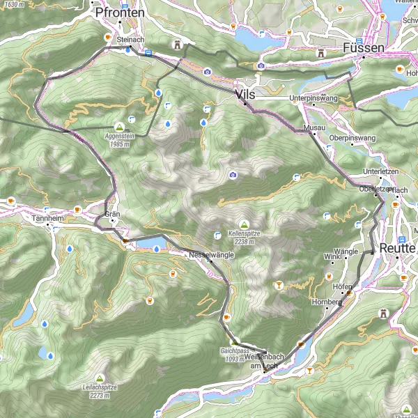 Miniaturní mapa "Silniční okruh okolo Reutte: Weißenbach am Lech - Gaichtpass - Grän - Mittelberg - Falkenstein - Vils - Pflach - Kuhbichl" inspirace pro cyklisty v oblasti Tirol, Austria. Vytvořeno pomocí plánovače tras Tarmacs.app