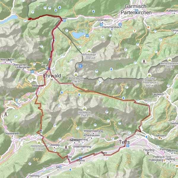 Karttaminiaatyyri "Vuoristomaisemat ja haasteet" pyöräilyinspiraatiosta alueella Tirol, Austria. Luotu Tarmacs.app pyöräilyreittisuunnittelijalla