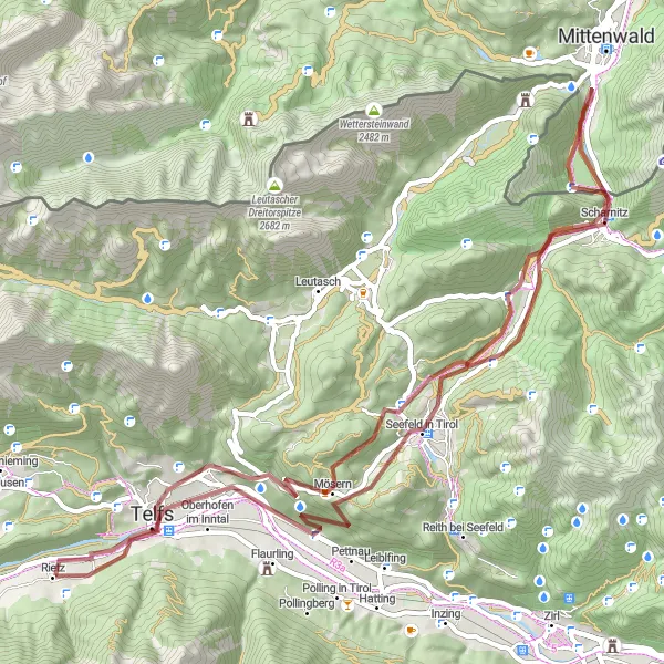 Map miniature of "Discover the Mysterious Trails of Rietz" cycling inspiration in Tirol, Austria. Generated by Tarmacs.app cycling route planner