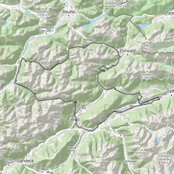 Miniatura della mappa di ispirazione al ciclismo "Avventura in Bici Lungo i Monti Tirolesi con Panorami Mozzafiato" nella regione di Tirol, Austria. Generata da Tarmacs.app, pianificatore di rotte ciclistiche