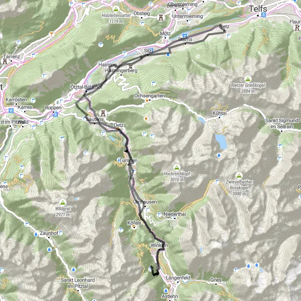 Karttaminiaatyyri "Kulttuurillisia elämyksiä pyöräillen" pyöräilyinspiraatiosta alueella Tirol, Austria. Luotu Tarmacs.app pyöräilyreittisuunnittelijalla