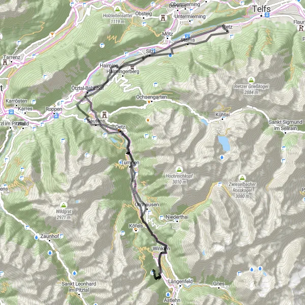 Miniatura della mappa di ispirazione al ciclismo "Giro tra pittoreschi villaggi e montagne" nella regione di Tirol, Austria. Generata da Tarmacs.app, pianificatore di rotte ciclistiche