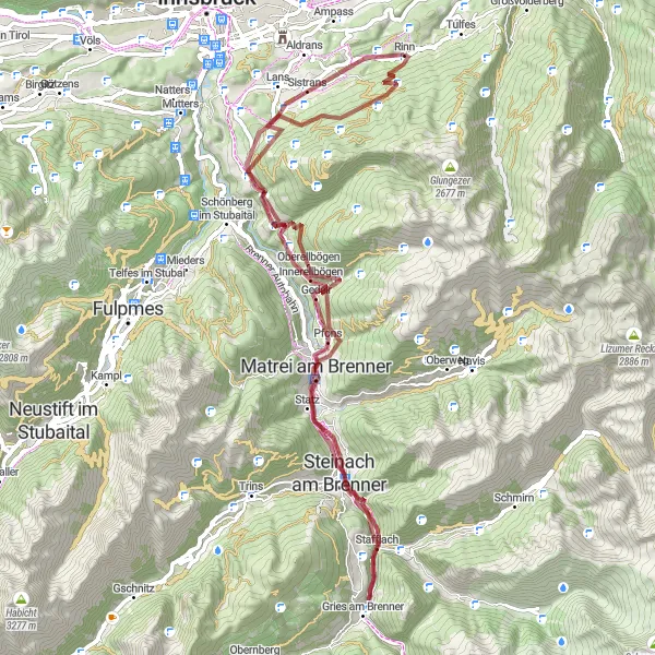 Zemljevid v pomanjšavi "Naravna lepota blizu Rinn" kolesarske inspiracije v Tirol, Austria. Generirano z načrtovalcem kolesarskih poti Tarmacs.app