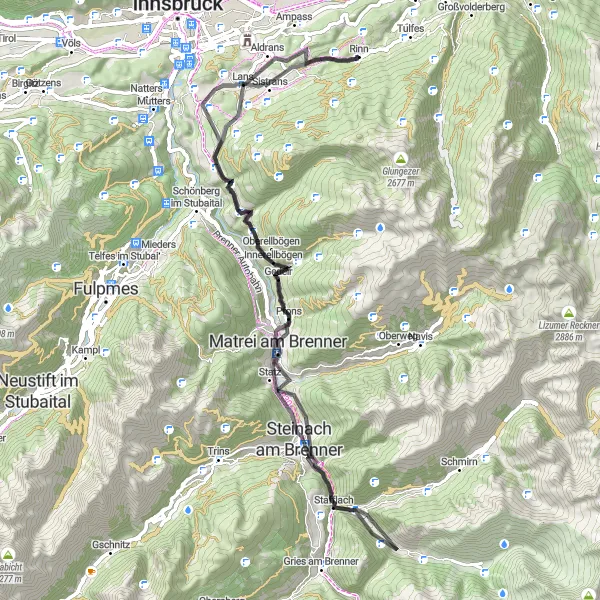 Kartminiatyr av "Rundtur till Pfons via Rittengrat" cykelinspiration i Tirol, Austria. Genererad av Tarmacs.app cykelruttplanerare