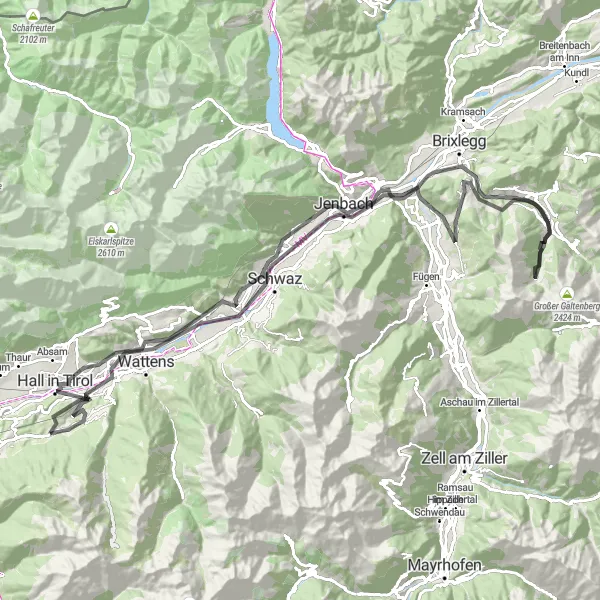 Miniatua del mapa de inspiración ciclista "Desafiante ruta de 118 km desde Rinn" en Tirol, Austria. Generado por Tarmacs.app planificador de rutas ciclistas