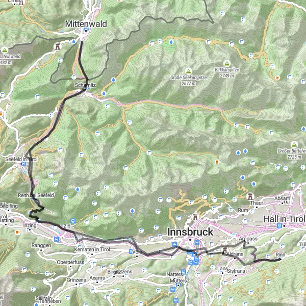 Zemljevid v pomanjšavi "Izjemni razgledi na Tirolskem" kolesarske inspiracije v Tirol, Austria. Generirano z načrtovalcem kolesarskih poti Tarmacs.app