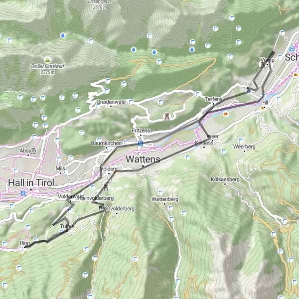 Map miniature of "Hidden Treasures of Tirol" cycling inspiration in Tirol, Austria. Generated by Tarmacs.app cycling route planner