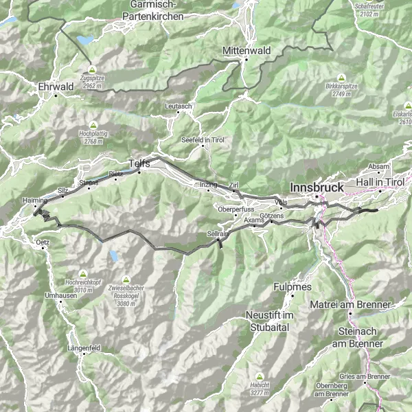 Zemljevid v pomanjšavi "Razgledi in pustolovščina v Tirolski regiji" kolesarske inspiracije v Tirol, Austria. Generirano z načrtovalcem kolesarskih poti Tarmacs.app