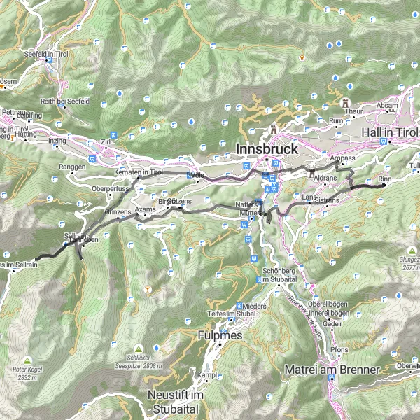 Miniatuurkaart van de fietsinspiratie "Rondrit Rinn - Völs - Natters - Lanser Kopf" in Tirol, Austria. Gemaakt door de Tarmacs.app fietsrouteplanner