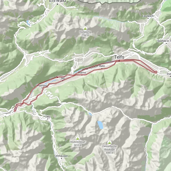 Map miniature of "Roppen - Mötz - Telfs - Flaurling - Wengenberg - Stams - Roppen" cycling inspiration in Tirol, Austria. Generated by Tarmacs.app cycling route planner