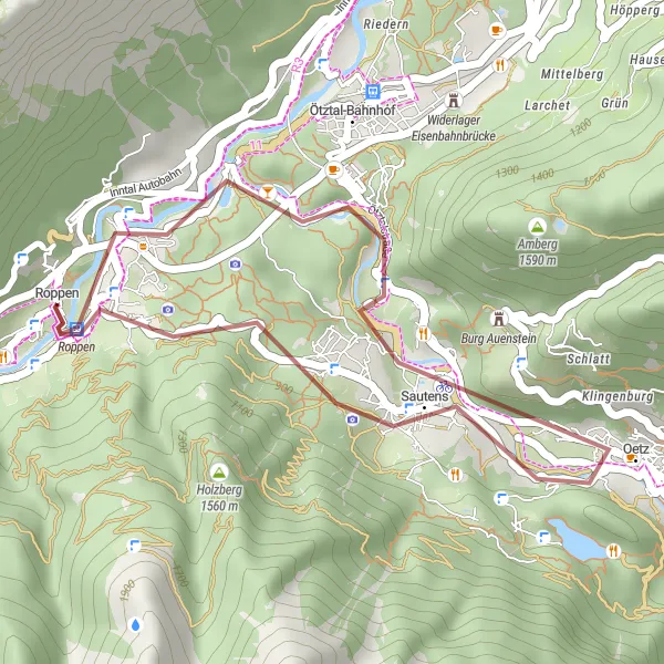 Kartminiatyr av "Utforske Karrösten og Arzkasten på grusstier" sykkelinspirasjon i Tirol, Austria. Generert av Tarmacs.app sykkelrutoplanlegger