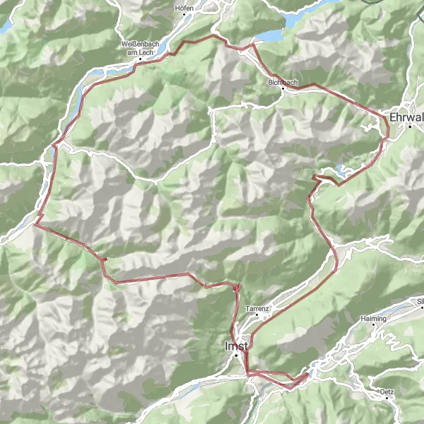 Map miniature of "Roppen - Karres - Wetterkreuz - Hahntennjoch - Pfafflar - Baichlstein - Forchach - Bichlbach - Sattel - Zugspitzblick - Nassereith - Roppen" cycling inspiration in Tirol, Austria. Generated by Tarmacs.app cycling route planner