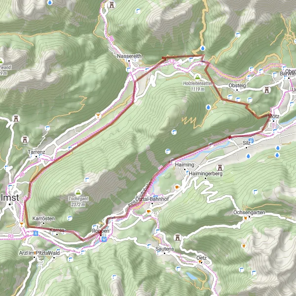 Karttaminiaatyyri "Maastopyöräreitti Roppenista" pyöräilyinspiraatiosta alueella Tirol, Austria. Luotu Tarmacs.app pyöräilyreittisuunnittelijalla