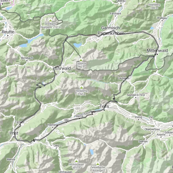 Miniatua del mapa de inspiración ciclista "Ruta de Carretera Karres - Roppen" en Tirol, Austria. Generado por Tarmacs.app planificador de rutas ciclistas