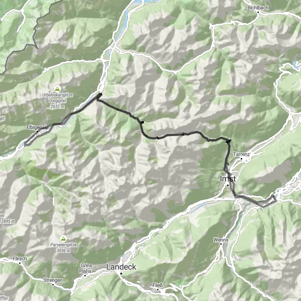 Kartminiatyr av "Utmanande landsväg runt Roppen via Hahntennjoch och Hochleisspitze" cykelinspiration i Tirol, Austria. Genererad av Tarmacs.app cykelruttplanerare