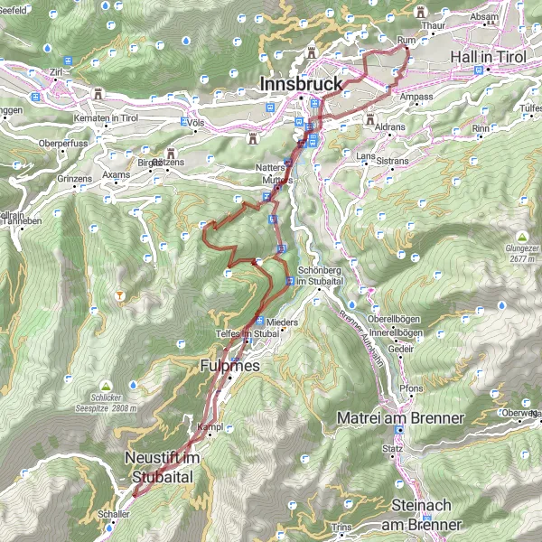 Miniatua del mapa de inspiración ciclista "Ruta de Grava a Telfes y Más Allá" en Tirol, Austria. Generado por Tarmacs.app planificador de rutas ciclistas