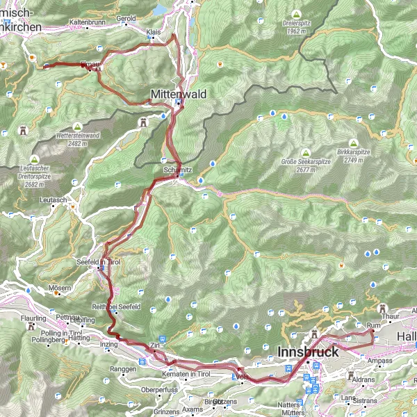 Miniatua del mapa de inspiración ciclista "Ruta de Grava desde Rum a Innsbruck" en Tirol, Austria. Generado por Tarmacs.app planificador de rutas ciclistas