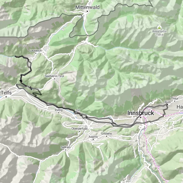 Kartminiatyr av "Sykling gjennom Tyrols byer" sykkelinspirasjon i Tirol, Austria. Generert av Tarmacs.app sykkelrutoplanlegger