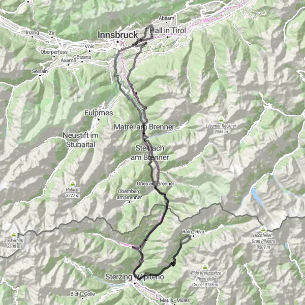 Miniatura della mappa di ispirazione al ciclismo "Passeggiata in bicicletta attraverso il Brennero" nella regione di Tirol, Austria. Generata da Tarmacs.app, pianificatore di rotte ciclistiche