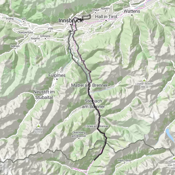 Miniatua del mapa de inspiración ciclista "Ruta del Brennero" en Tirol, Austria. Generado por Tarmacs.app planificador de rutas ciclistas