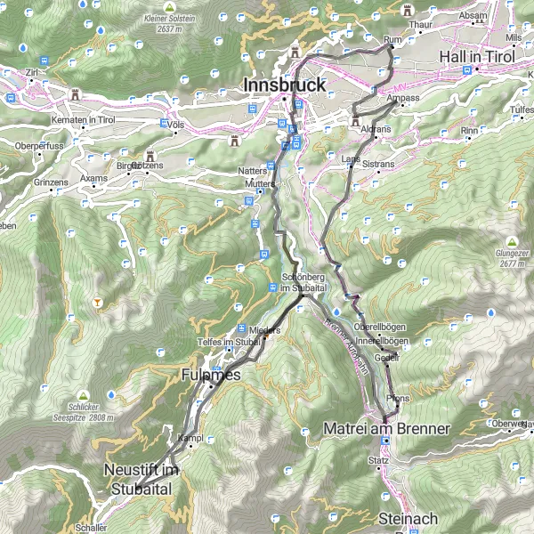 Miniatua del mapa de inspiración ciclista "Ruta de los Valles Stubai" en Tirol, Austria. Generado por Tarmacs.app planificador de rutas ciclistas