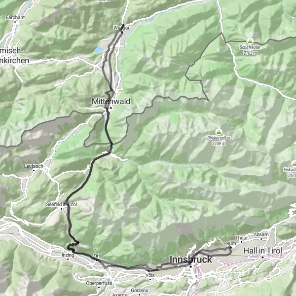 Miniatua del mapa de inspiración ciclista "Ruta de Seefeld a Scharnitz" en Tirol, Austria. Generado por Tarmacs.app planificador de rutas ciclistas