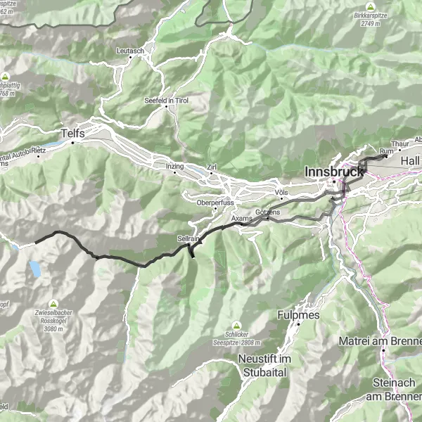 Miniatura della mappa di ispirazione al ciclismo "Giro in bici attraverso Innsbruck e il Sellraintal" nella regione di Tirol, Austria. Generata da Tarmacs.app, pianificatore di rotte ciclistiche